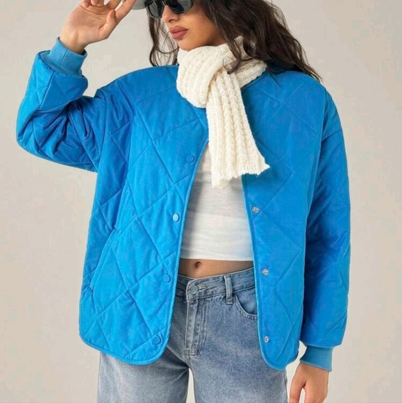 Winter Peacock Blue Quilted Casual Warm Padded Long Sleeve Jacket - Picture 3 of 5